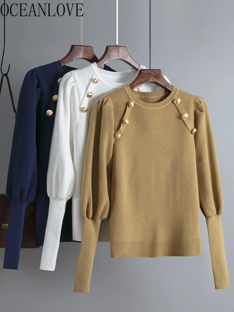 

Vintage Sueter Solid Button Pu Sleeve Autumn Winter Korean ashion Casual Women Sweaters O Neck Sweet Pull emme