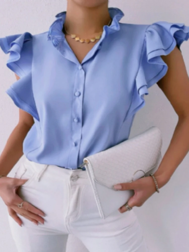 

2022 New Summer Casual Women Shirts Elegant Solid Commute Blouse Fashion Office Lady V-Neck Butterfly Sleeve Loose Pullover Tops