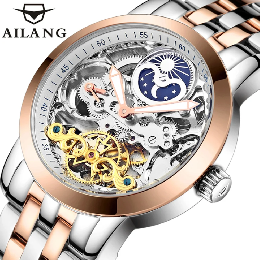 

AILANG 2022 New Mens Fashion Stainless Steel Hollow Steampunk Watches Waterproof Luminous Automatic Mechanical Watch For Men