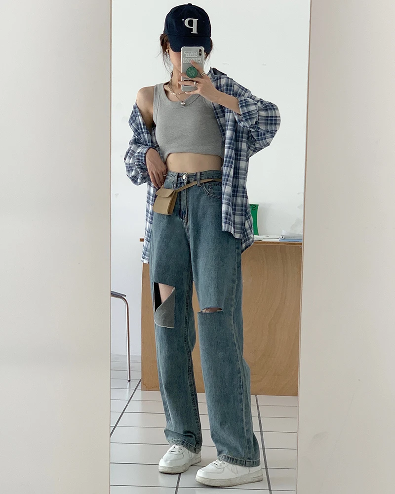 Jeans Women's Summer Blue Casual Vintage Cut Hole High Waist Slim Loose Straight Leg Wide Leg Floor Dragging Pants