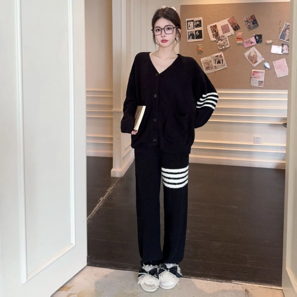 Зимний женский теплый комплект одежды для сна из кораллового флиса полосатая