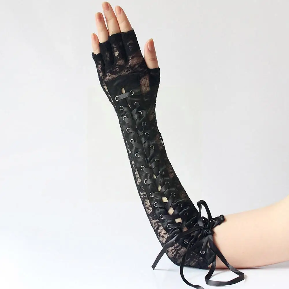 

Retro Long Gloves Steampunk Gothic Cosplay Lace Corset Accessory Ribbon Mesh Gloves Fishnet Wedding Prom Costume Half-finge M1a5