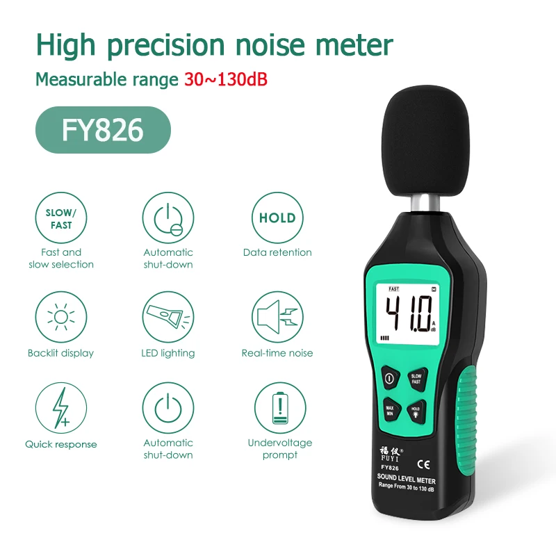 

Digital Sound Level Meter Decibel Meter Noise Audio Detector 30~130db Fast/slow Two Modes Noise Meter Measurement FY826