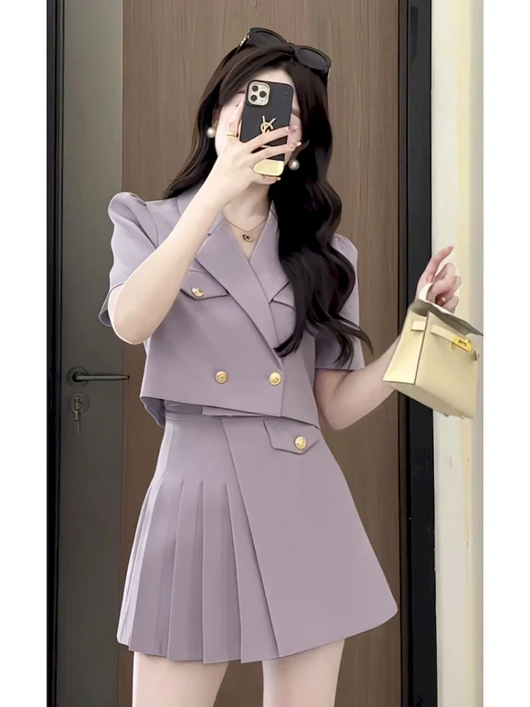 

Лето 2023, Модный женский костюм UNXX из блейзера и плиссированной юбки, комплект из двух предметов, пальто и мини-юбка, элегантный костюм в Корейском стиле