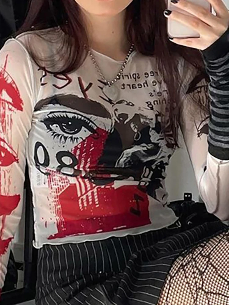 Женские футболки Goth Dark готические прозрачные с принтом облегающие Топы в стиле