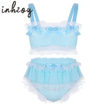 Mens Lace Lingerie Set Sissy Ruffled Frilly Bowknot Crop Top Bra with Girly Skirted Panties Gay Crossdressing Underwear Clubwear 