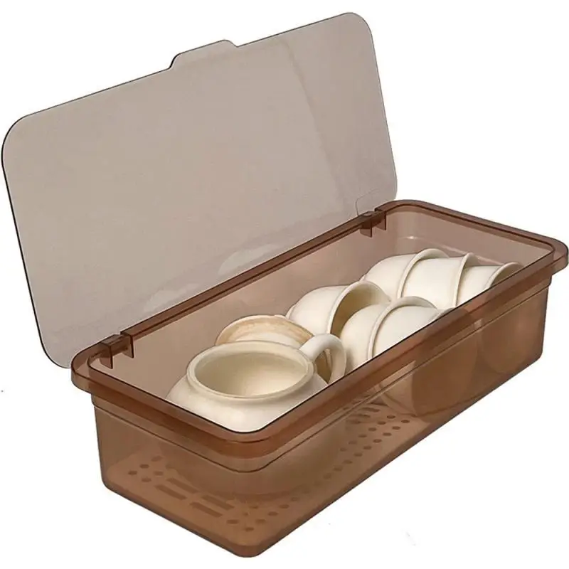 

Transparent Tea Set Storage Box Stacking Multi-functional Large Capacity Tea Cup Dustproof Box With Cover Cutlery Holder