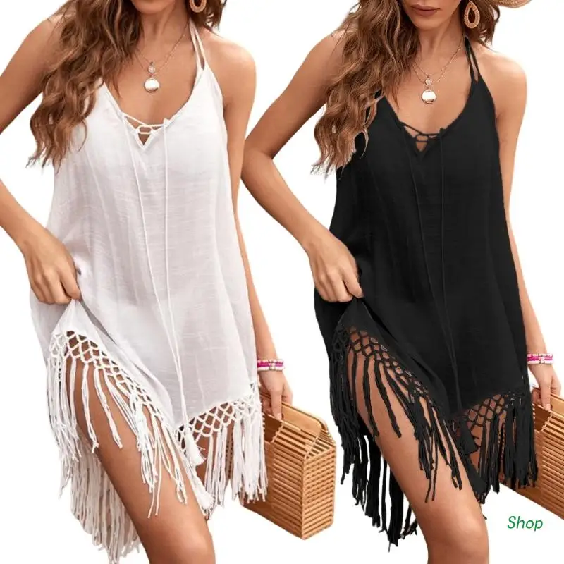 

L5YC Womens Halter Neck Beach-Dress Loose V-neck Bikinis Cover Up Flowy Tassels Bathing Suit Cover Up for Vacations Summer