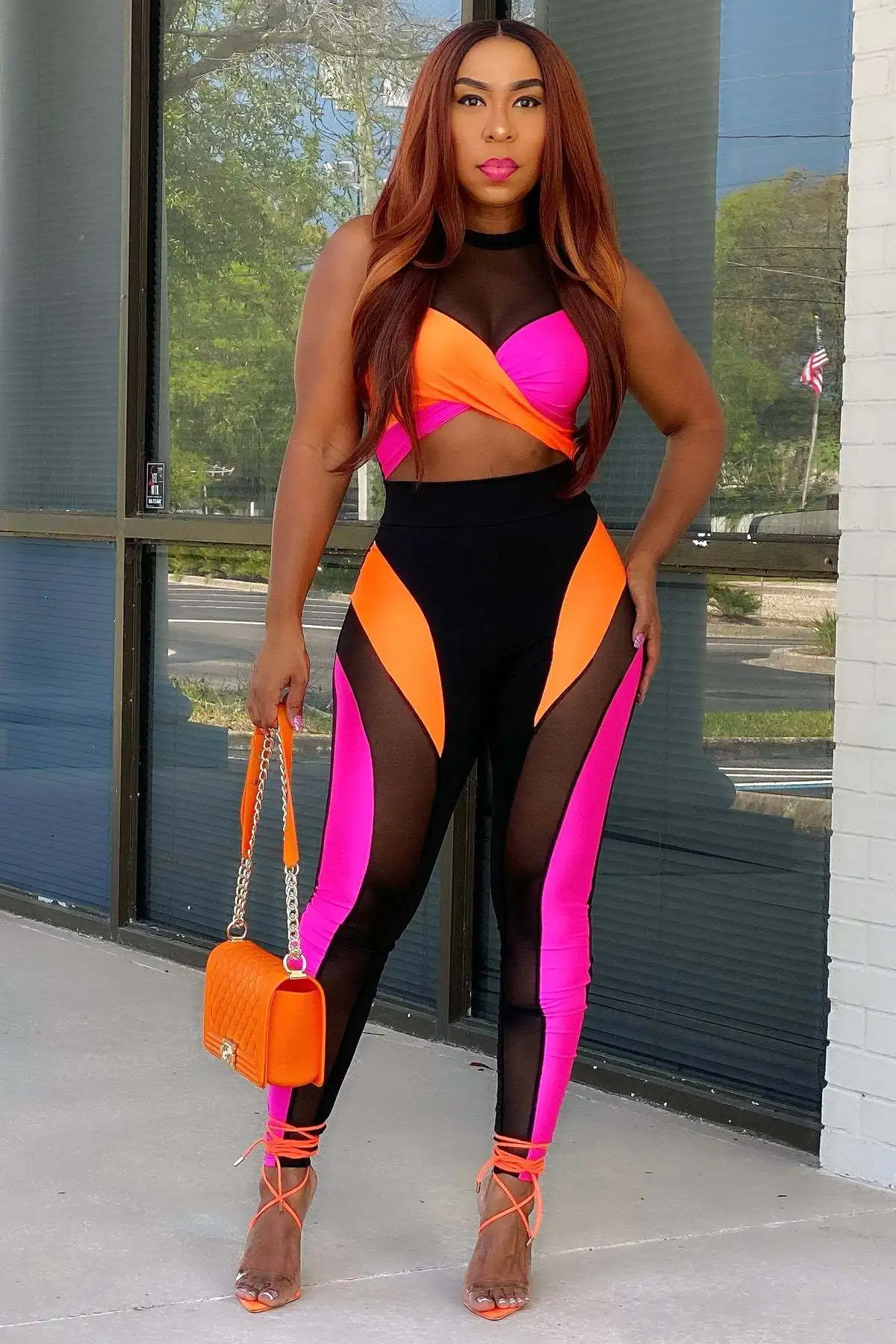 

Summer New Women's Suits Fashion Stretch Cloth Stitching Mesh Contrast Sleeveless Top High Waist Trousers Casual Two-piece Set