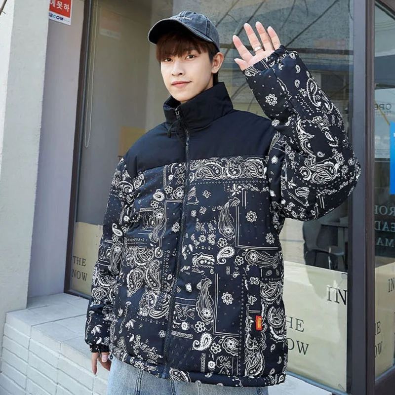 Cashew Flower Stitching Winter Jacket Men's Fashion Thicken Short Warm Jacket Trend All-match Cotton Jacket Mens Winter Clothing