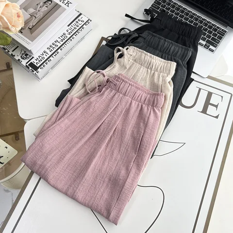 Новые летние широкие брюки больших размеров, женская одежда, 100 кг, простые и тонкие прямые повседневные длинные брюки из ледяного шелка 8579