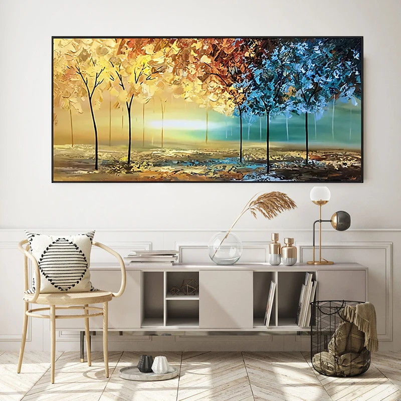 

Classic Blue Yellow Trees Leaves Sunshine Oil Painting On Canvas Print Poster Wall Art Picture Living Room Interior Home Decor
