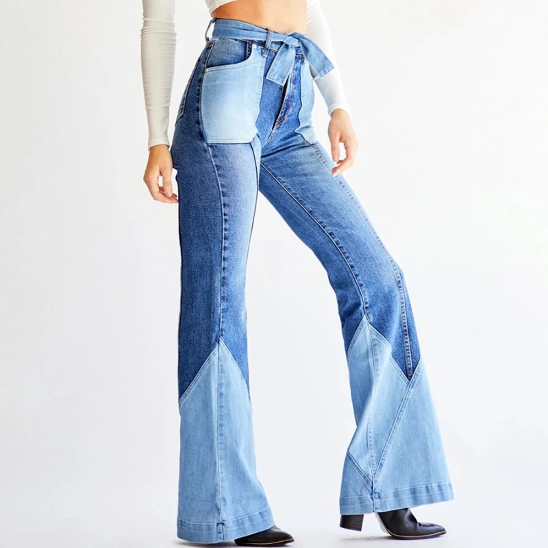 New Vintage Harajuku Patchwork Denim Pants Jeans Women Cotton Slim High Waist Sexy Streetwear Fashion Flared Pant Casual