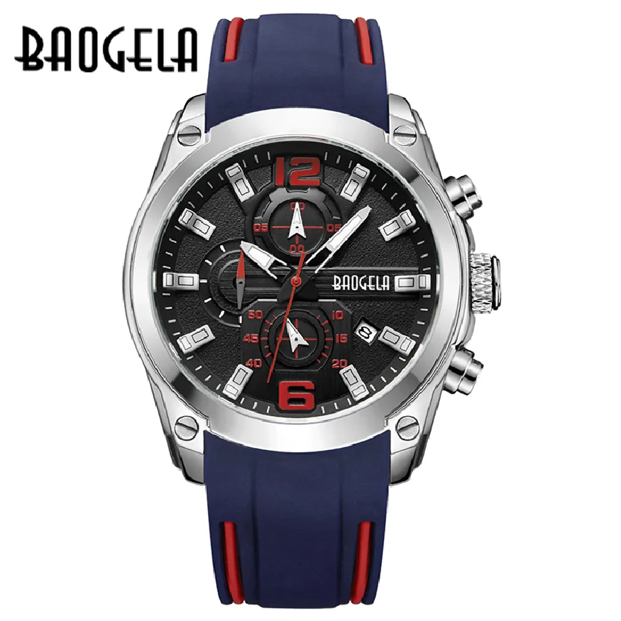

BAOGELA Chronograph Analog Quartz Watch with Date Luminous HandsWaterproof Silicone Rubber Strap Wristswatch for Man 2063 Blue