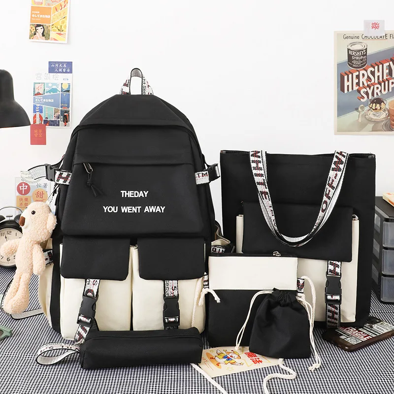 New Five-Piece Fashion Korean Backpack Primary School Junior High School College Students Backpack School Schoolbag