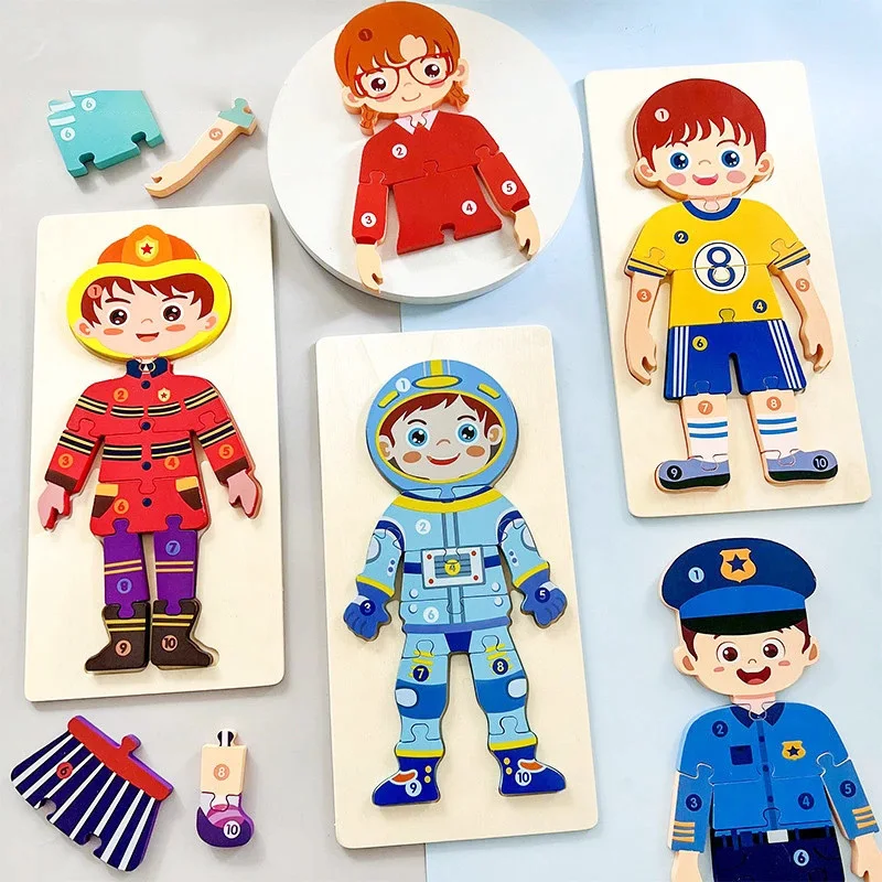 

Montessori Wooden Puzzle Large Size Buckle Assembly Jigsaw 3d Puzzle Character Cognition Baby Early Learning Educational Toys