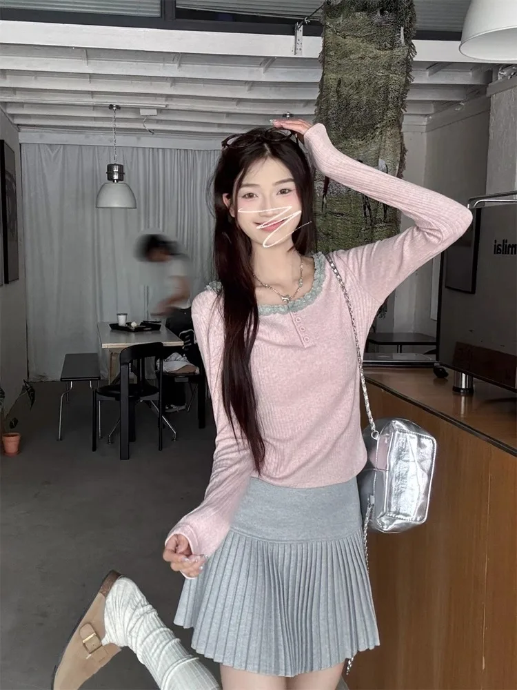 Нежный мягкий розовый кружевной свитер женский новый осенне-зимний