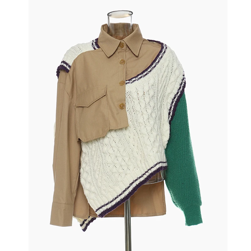 

SeeBeautiful Knitted Stitching Irregular Loose Coat Lapel Long Sleeve Single Breasted New Fashion 2022 Autumn Woman Tide Q684