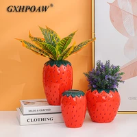 2022 new strawberry shape flower vases simulation fruit vase sculpture round strawberry flower pots desktop home decor ornaments