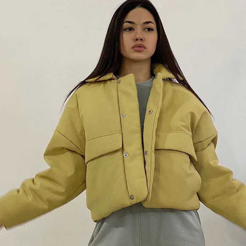 Autumn and Winter New 2021 Fashion Simple Long-sleeved Padded Jacket Women Lapel Concealed Buckle Loose Padded Jacket Women