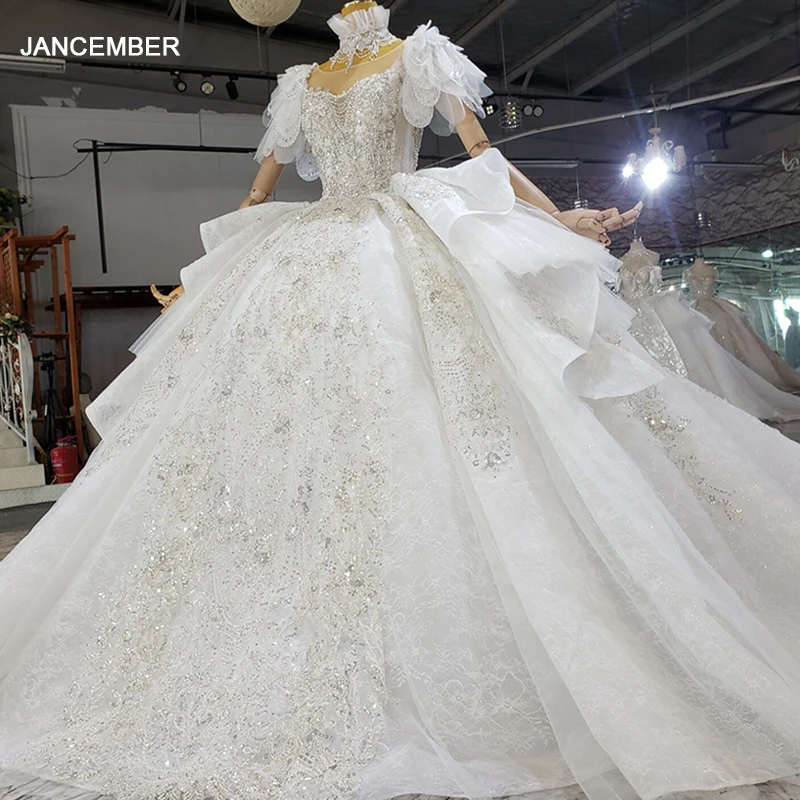 

HTL2324 Crystal Ball Gown Dress High-Neck Vintage Bow Siren Cut Wedding Dress Lace Weeding Dress For Women бальное платье