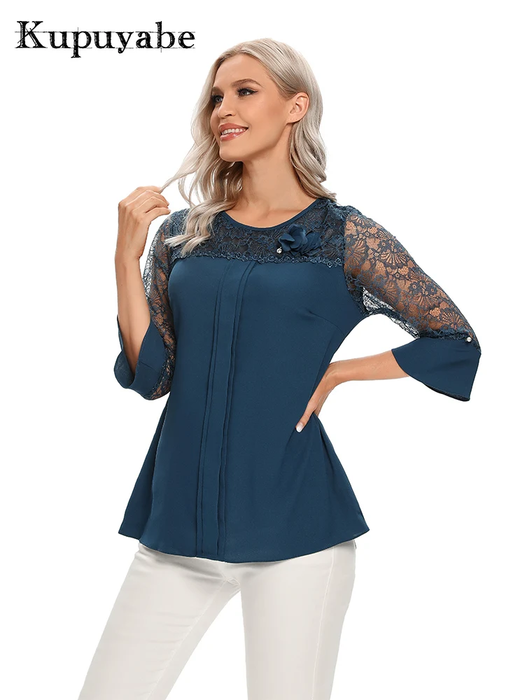 

KUPUYABE Women's T-Shirt Polyester 3/4 Pleated Sleeve Round Neck Breathable Lace Fashion Top