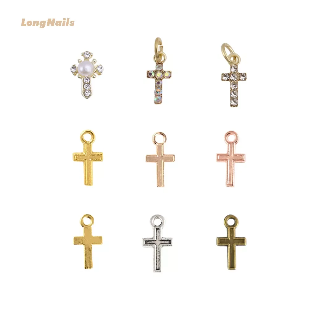 

10/20 Christian Cross Dangle Piercing Alloy Pray Nail Metal Charms Hoop + Pendants Gems Decorations Cross Loop Nail Charms JE564
