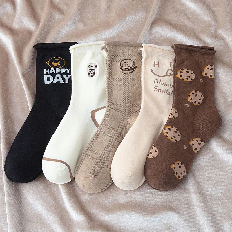 

Coffee Color Socks Women's Mid-tube High-top Curling Socks Japanese Mori College Girl Cartoon Lolita Style Cotton Socks