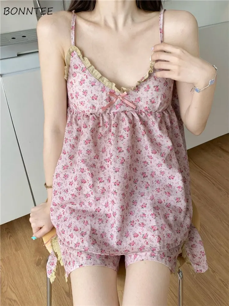 

Пижамный комплект женский с цветочным принтом, милая модная популярная винтажная пижама в Корейском стиле, повседневный свободный шикарный элегантный пикантный, лето