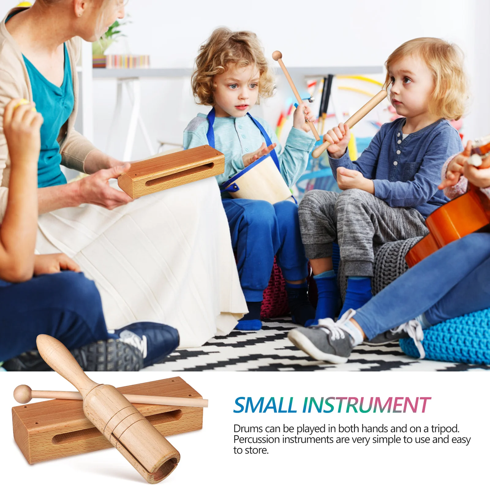 2 Sets Wooden Block and Handheld Tube Percussion Instrument with Mallets Educational Instrument enlarge