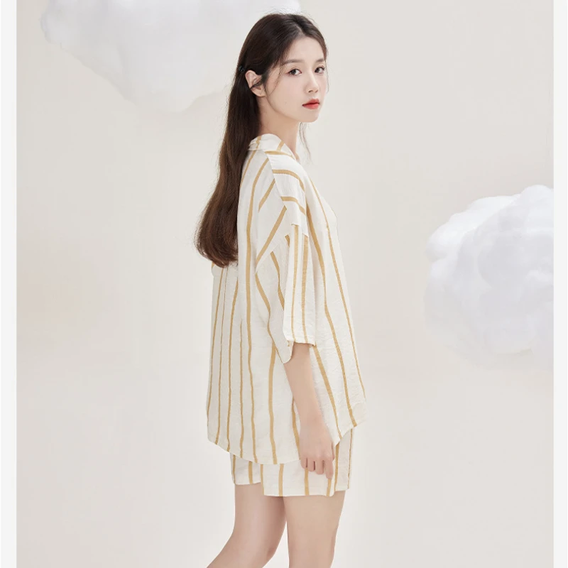 Spring and Summer Pajamas for Women Half-sleeve Shorts Cool Feeling Suit Simple and Advanced Striped Sleepwear Loose Loungewear