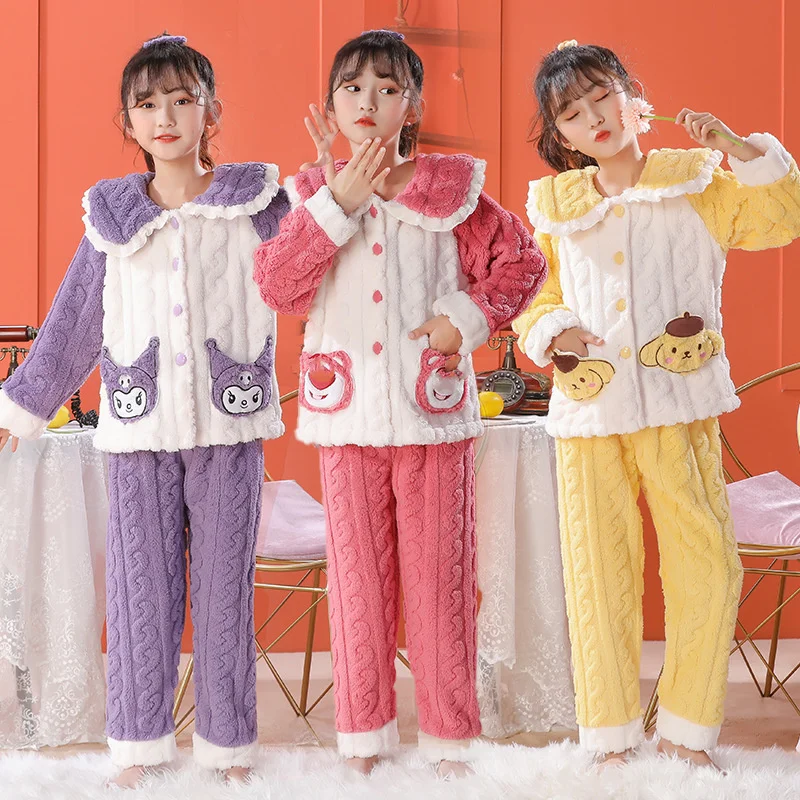 

Kawaii Sanrio Kuromi Cinnamoroll My Melody Children Warm Pajamas Winter Coral Velvet Warm Thickened Cute Girls Homewear Set Gift