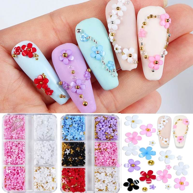

6 Grids Various Resin Flowers Fairy Colorful Acrylic Petals Nail Rhinestone Kit For Manicure Summer Charms Nail Art Decorations