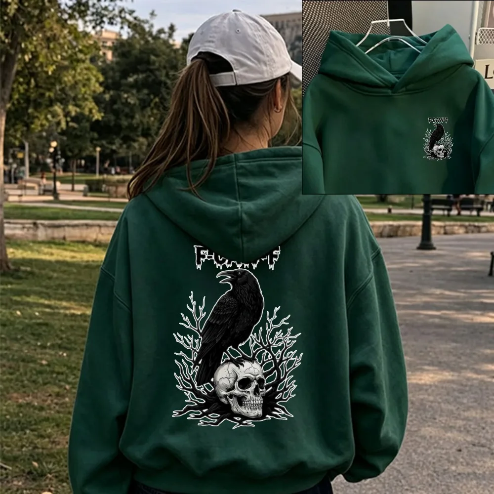 Фото F‑CAW‑F Толстовка с капюшоном в темном готическом стиле с изображением вороньего черепа спереди и крупным узором в виде скелета кро №2