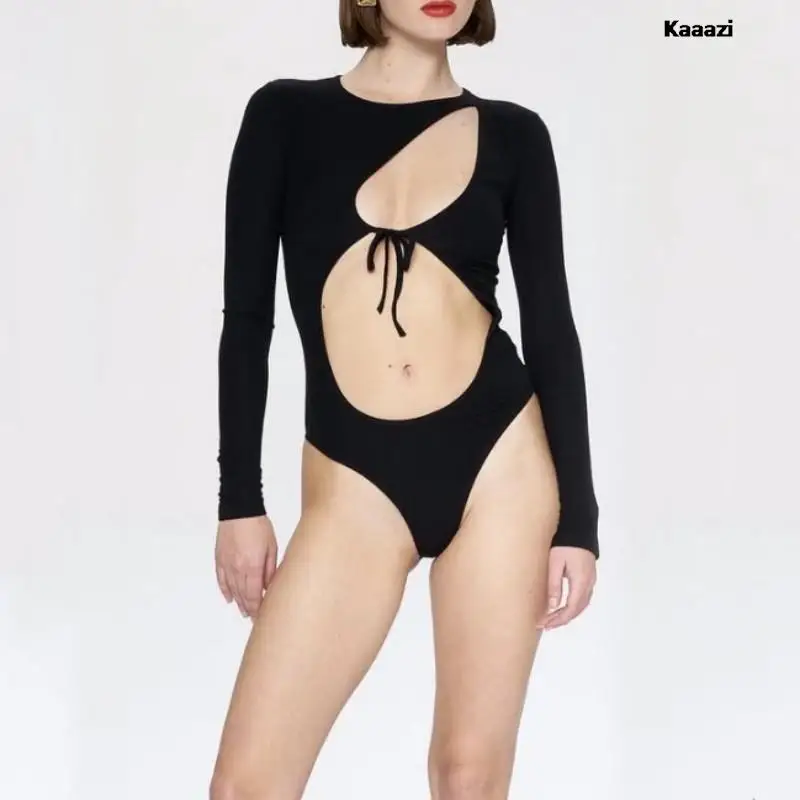 

KAAAZI Fashion Solid Color Bodysuit Long Sleeve Lace-up Jumpsuit Hollow Out Slim Fit Women Clothes Sexy Spicy Girl Streetwear