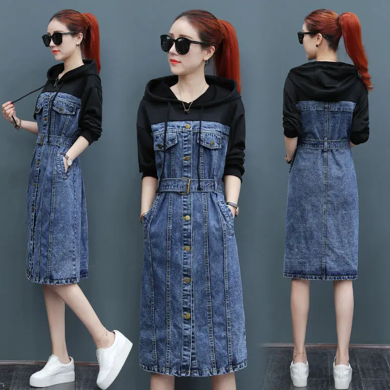 

Women Vintage Solid Denim Dress with Pockets Autumn Fashion Hooded Neck Full Sleeve Button Belt Loose Long Casual Dresses M364