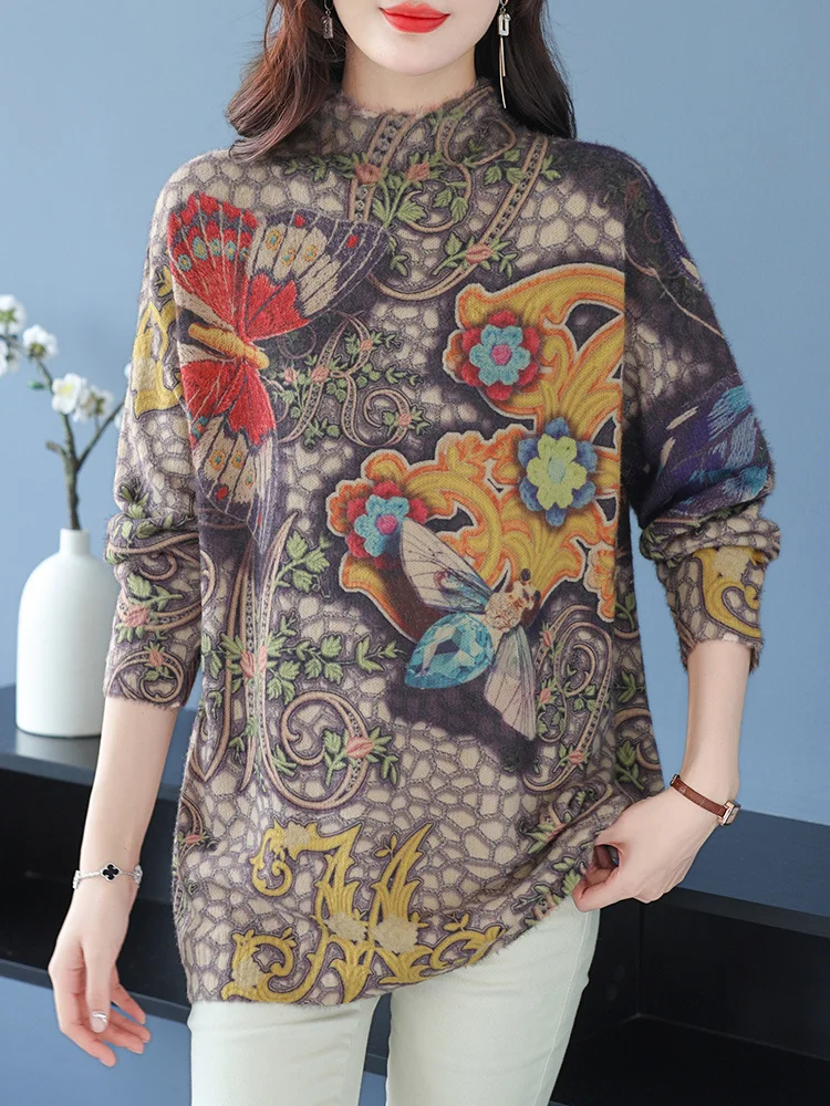 

Женский свитер с принтом, осенне-зимняя Свободная Женская одежда, теплый пуловер, женский джемпер с ложным воротником, свитер для женщин