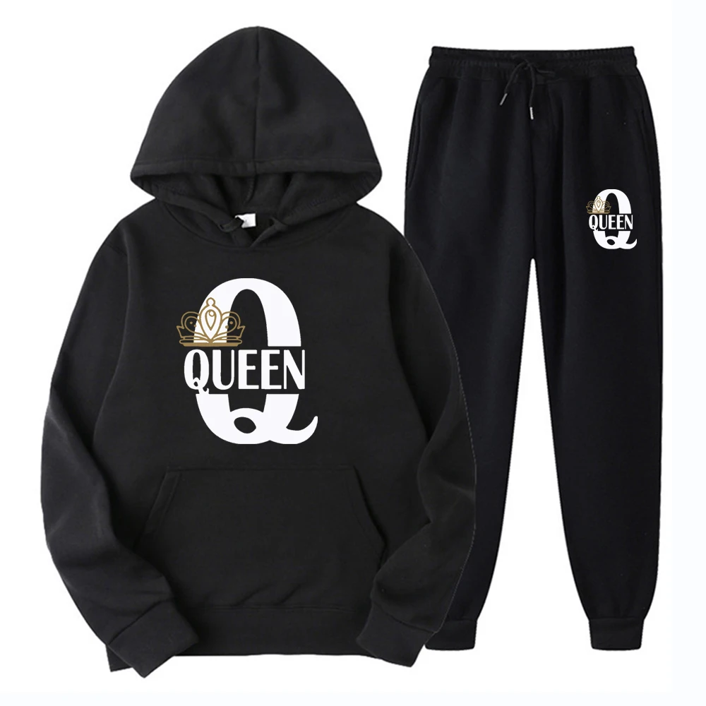 Couple Sportwear 2022 Fashion Set KING QUEEN Printed Lover Hooded Suits Hoodie and Pants 2pcs Set Streetwear Men Women Clothing images - 6