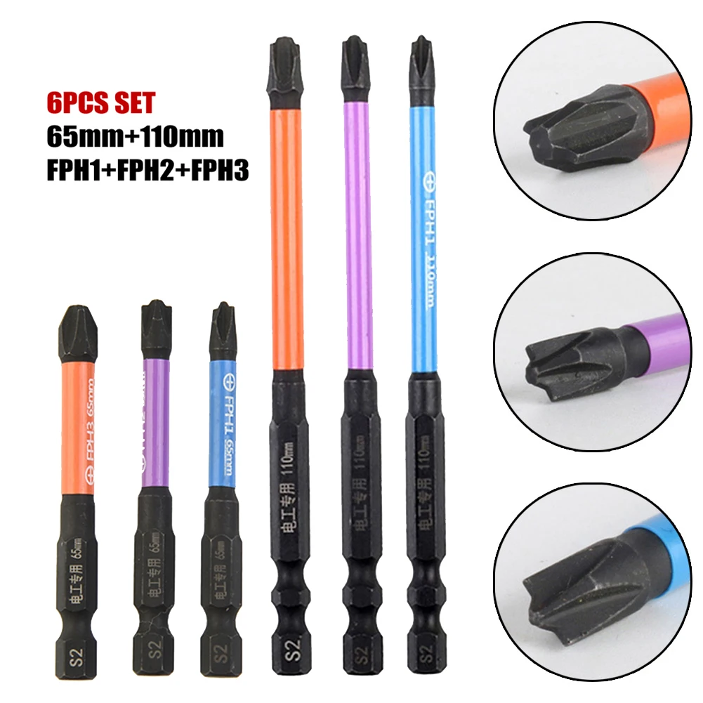 

6pcs Electrician Special Screwdriver Bits Set 65mm+110mm Slotted Cross Screwdriver Bit Magnetic Batch Head FPH1 FPH2 FPH3