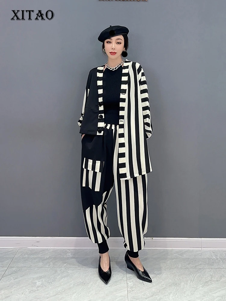 

XITAO/комплекты в полоску с брюками; Модные Асимметричные женские комплекты из двух предметов с v-образным вырезом и воротником; Новинка 2023 года; Сезон лето; WLD16268