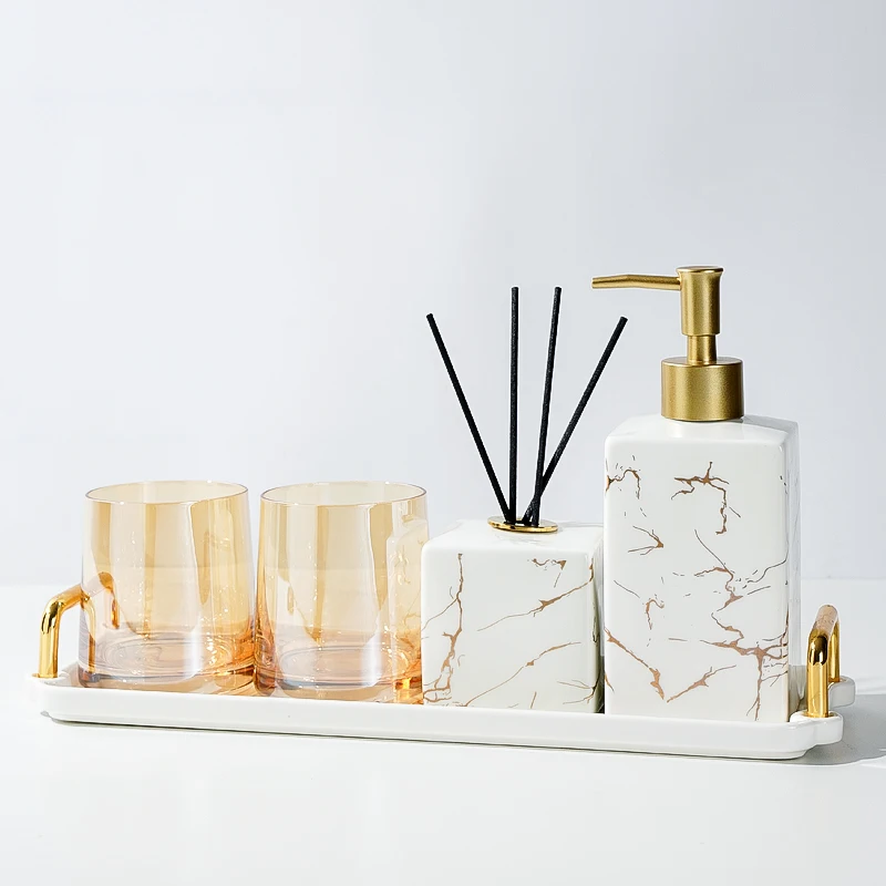 

Marble Texture Bathroom Decorative Accessories Lotion Bottle Mouthwash Cup Aromatherapy Bottle Storage Tray Bathroom Toiletries
