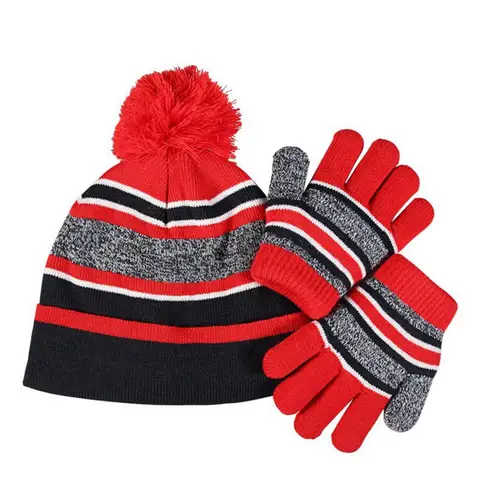 1 комплект, детская вязаная шапка и перчатки, теплая Модная детская шапка и перчатки, осенне-зимняя вязаная шапка в полоску и перчатки для повседневной носки