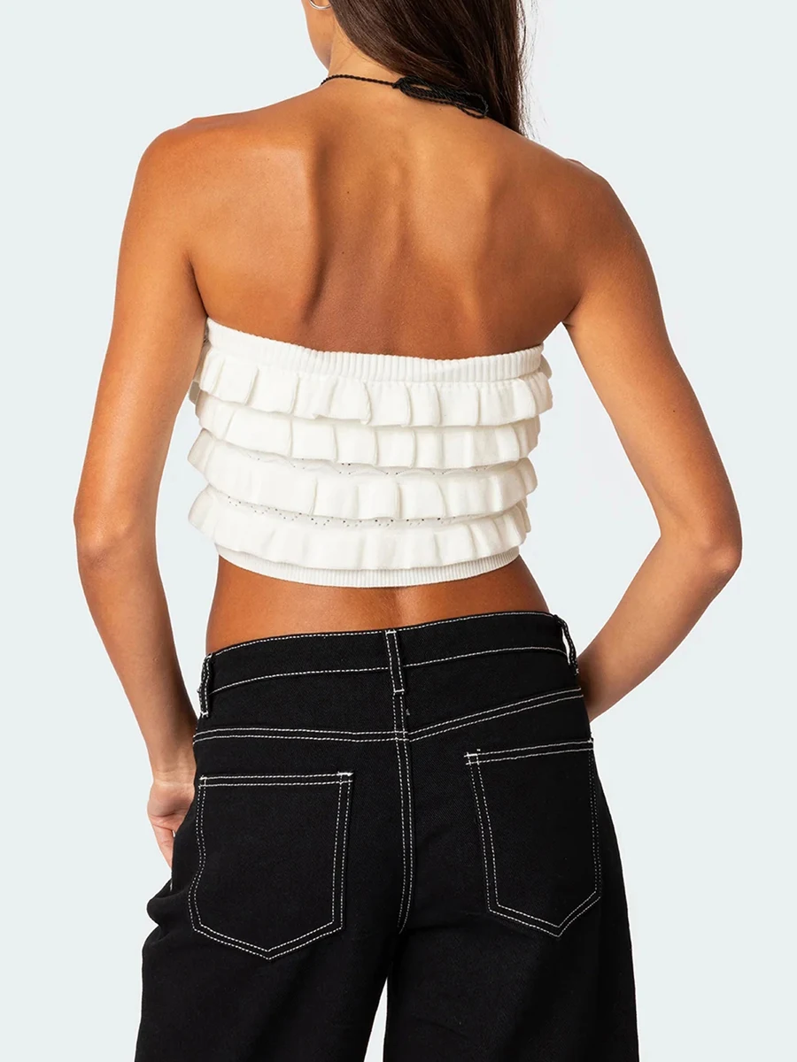 Женский Укороченный трикотажный топ с открытыми плечами и оборками