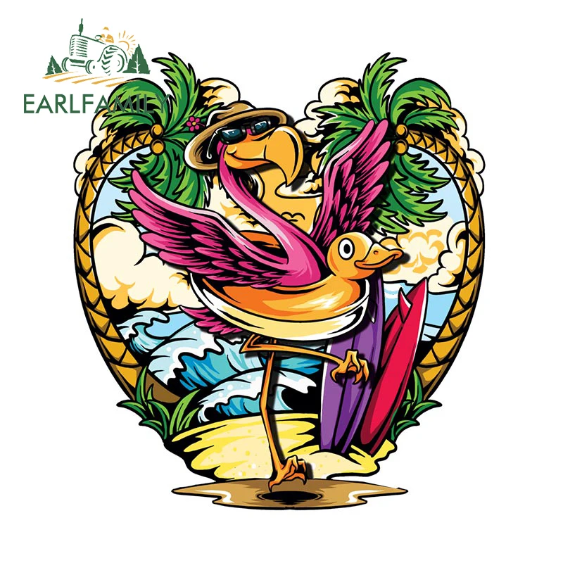 

EARLFAMILY, 13 см x 11,5 см, Виниловая наклейка с изображением фламинго, сердца и пляжа, фотоаксессуары для автомобиля, приятные дорожные Праздничные...