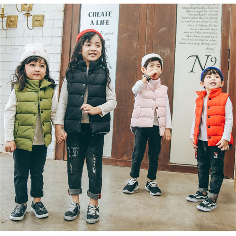 Korean Version Thickened Children's Warm Vest Fashion Stand Collar Boys Girls Outside Wearing Vest Simple Solid Color V-neck Ves