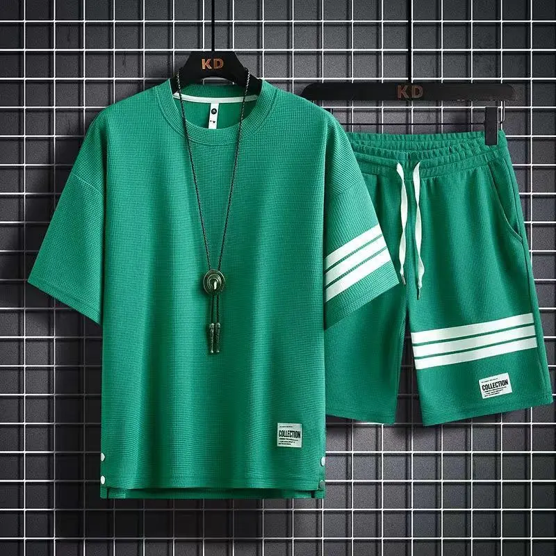 

Вафельные шорты с коротким рукавом костюм из двух предметов мужской летний повседневный спортивный мужской костюм подходящий модный краси...