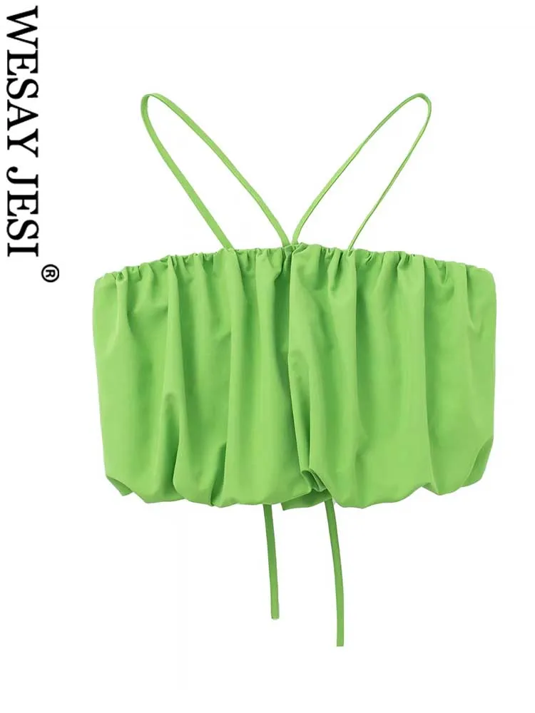 

WESAY JESI Summer Women Halter Sling Short Vest Tube Top Solid Color Green Sleeveless Open Back Sexy Drape Double Layer Clothing