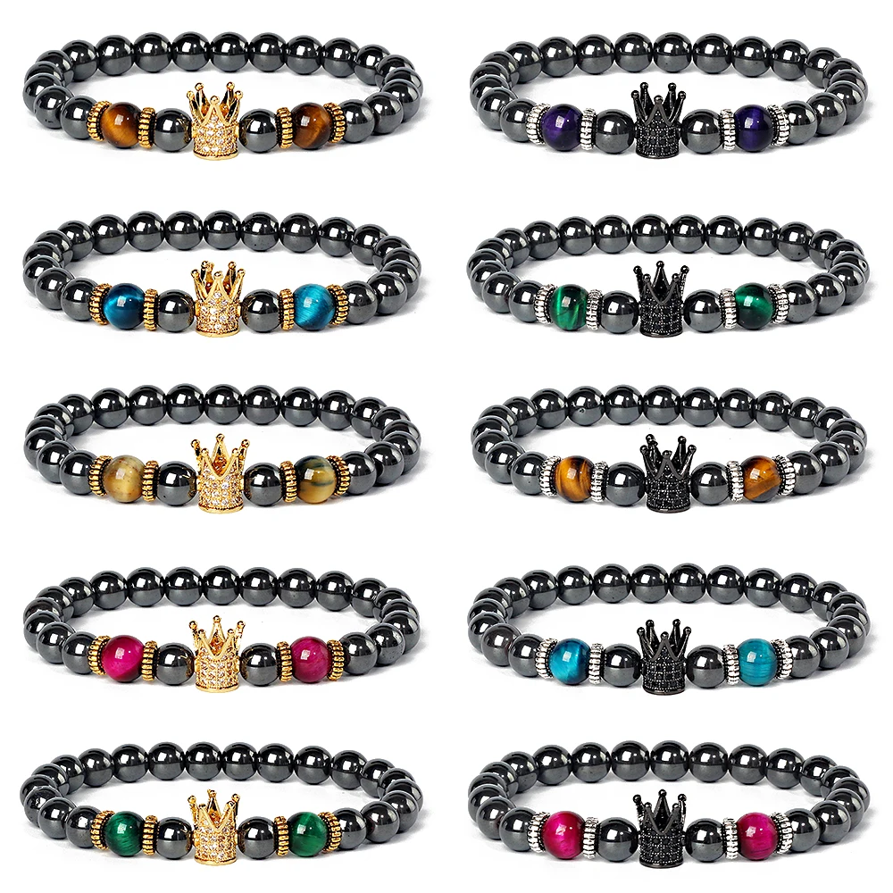 

Fashion Micro Zircon Crown Bracelets for Women Tiger Eye Hematite Beads Bracelets Men Energy Healing Yoga Charm Jewelry Pulseras