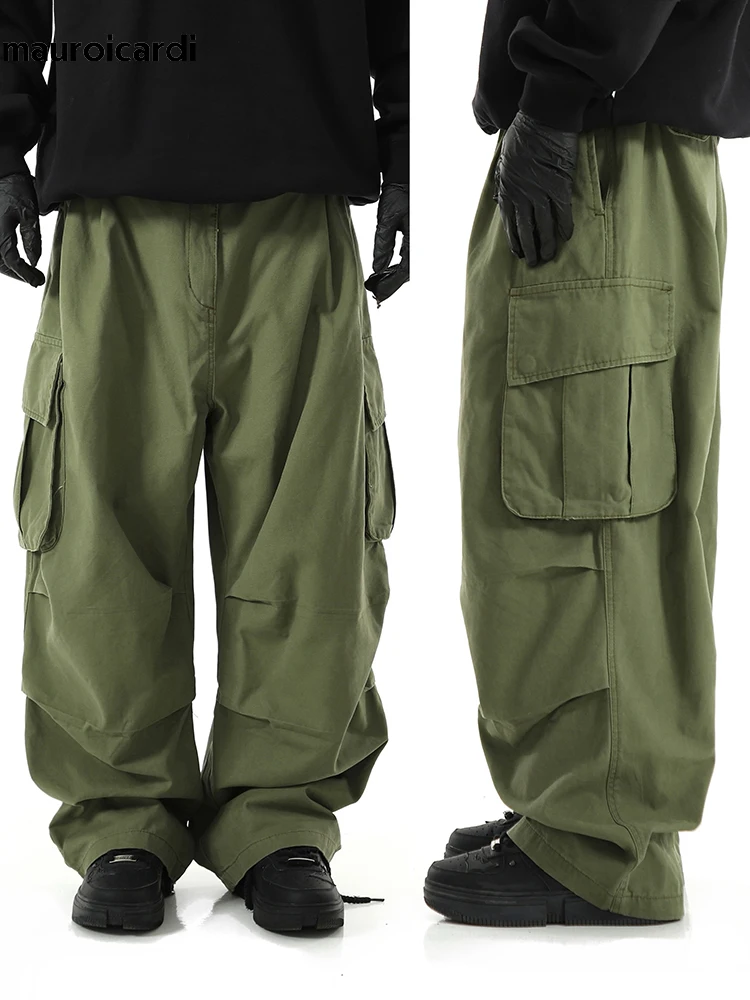 

Mauroicardi Весна Осень Оверсайз Повседневные Черные Армейские Зеленые Широкие брюки-карго с карманами Свободные брюки в пол 2023 штаны карго мужские