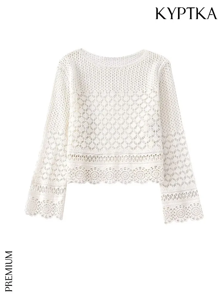 

KYPTKA Women Fashion Cropped Pointelle Knit Sweater Vintage O Neck Three Quarter Sleeve Female Pullovers Chic Tops
